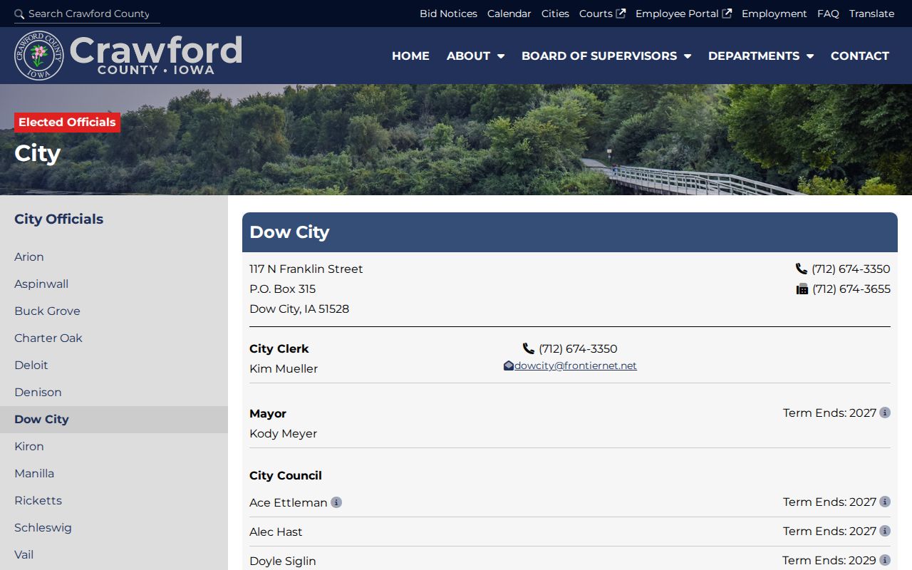 Crawford County Dow City warrant records municipal contact page